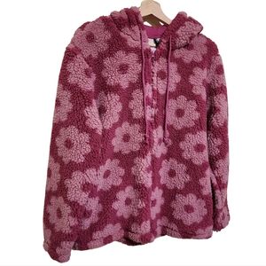 PacSun Women's Fleece Hooded Full Zip Sherpa Jacket Pink Floral Size Small